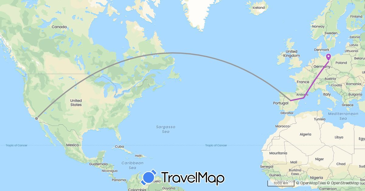 TravelMap itinerary: driving, plane, train in Germany, Spain, United States (Europe, North America)
